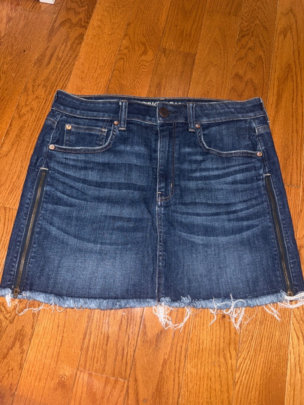 American Eagle Outfitters Dark Blue Denim Mini Skirt with Frayed Hem